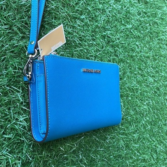 Michael Kors Large Double Zip Leather Wallet Wristlet Phone Case Lagoon - Picture 4 of 16